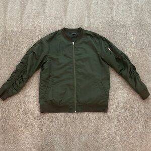 Men's Jay Walker Ruched Sleeve Nylon Olive Bomber Zip Up Jacket